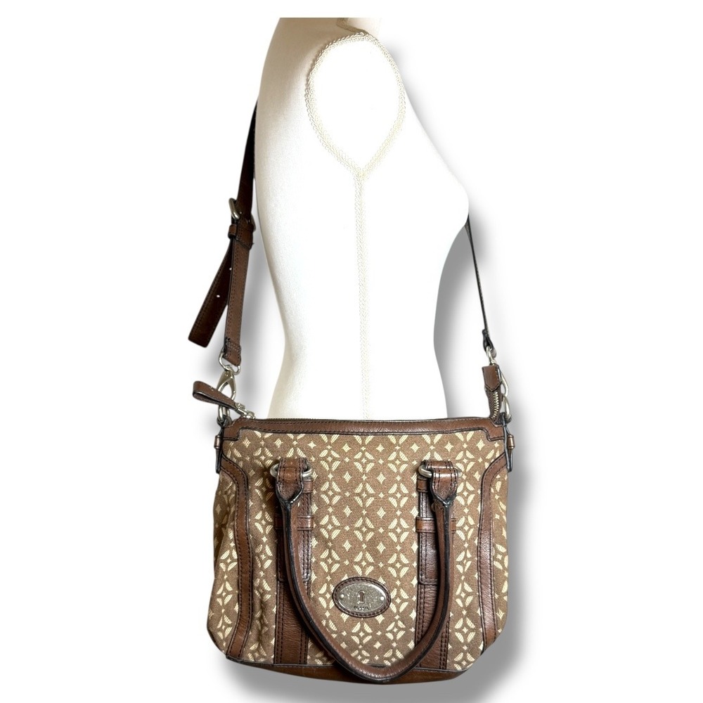 Fossil Maddox‎ Crossbody Purse Handbag Brown Canvas Geometric Satchel Bag
